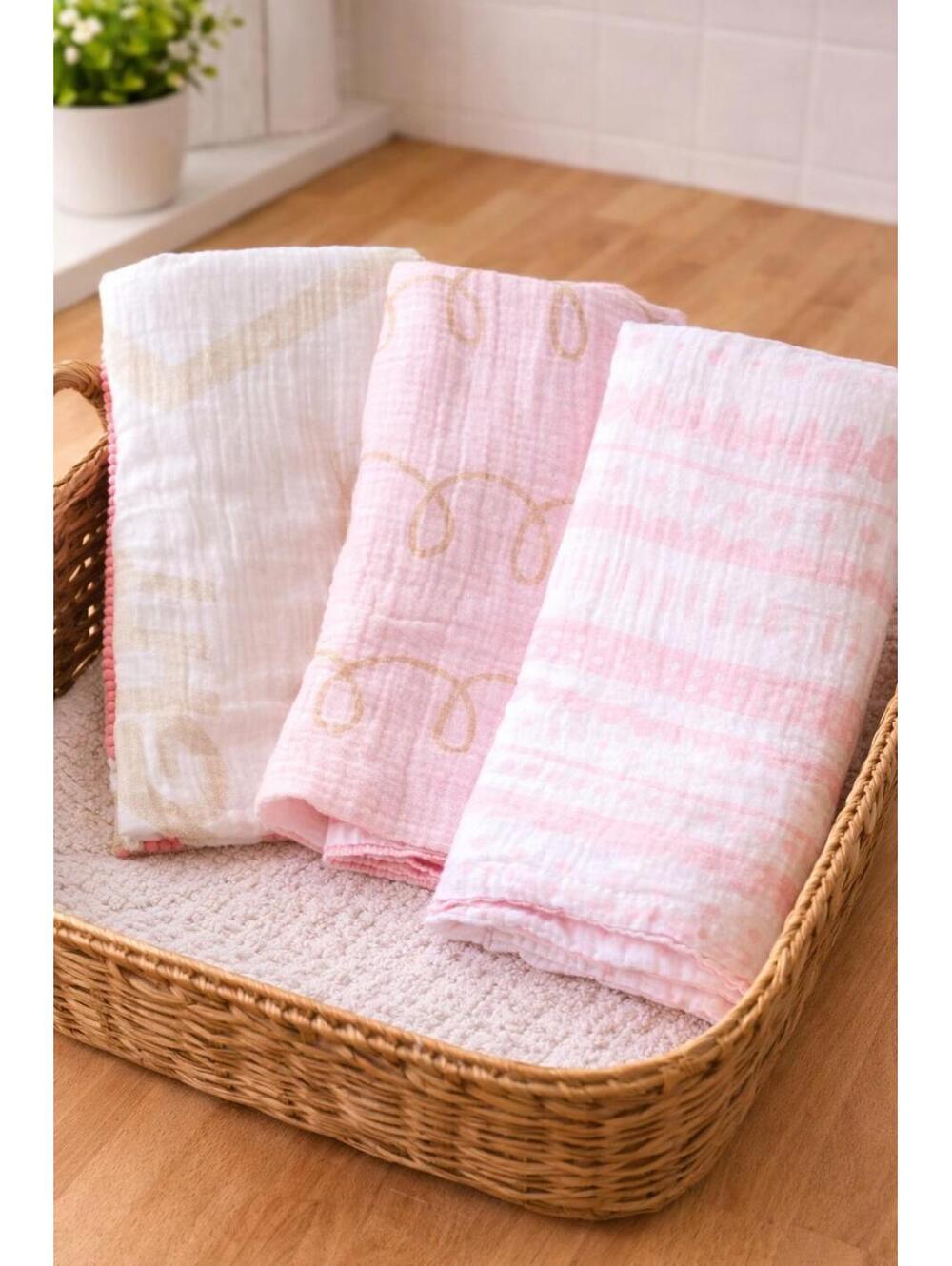 Set Of 3 Baby Blankets Cloud Island Pink Muslin Cotton Swaddle Nursing Cover